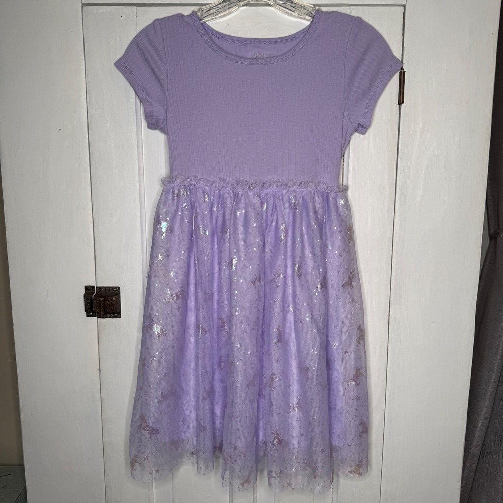 Wonder Nation Girls Purple Unicorn Tulle Dress Ribbed Short Sleeve Size M 7-8